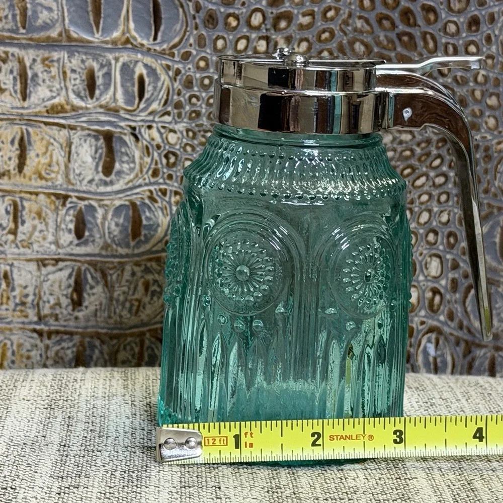 Pioneer Woman Adeline Turquoise‎ Glass Syrup Dispenser • Embossed • Farmhouse